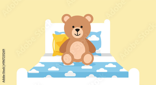 A cute brown teddy bear sitting on a white bed with blue and yellow pillows