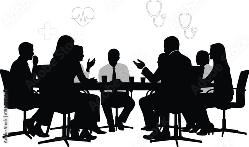 Silhouetted business meeting a group of professionals collaborating around a table