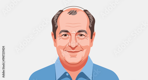 A flat vector illustration featuring a smiling middle-aged man with bald spots