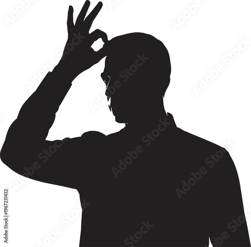 Black silhouette of a man showing okay hand gesture representing success agreement and positive customer satisfaction flat vector illustration isolated