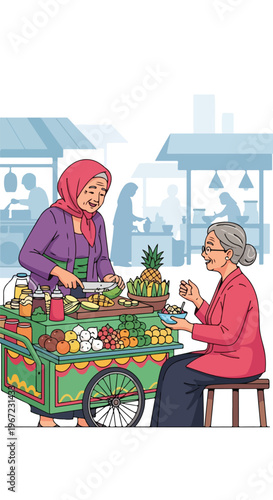 Two elderly women interact at a vibrant street food stall with fresh produce