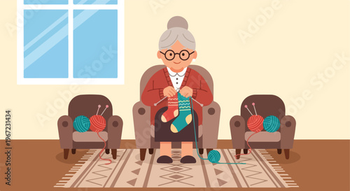 An elderly woman sitting in a chair and knitting colorful wool socks at home