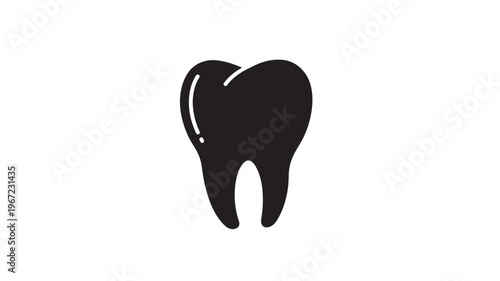 Tooth icon with simple black silhouette and white highlight on a clean white background featuring dental, health, oral hygiene with dentistry and