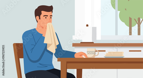 A man sitting at a kitchen table while wiping his mouth with a folded napkin