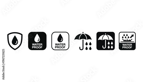 Waterproof icons set with umbrella and shield symbols for protection