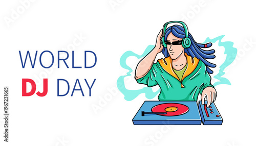 A female DJ wearing headphones and playing music on World DJ Day