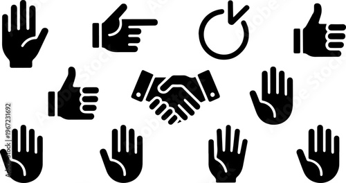 Black Flat Icons of Human Gesturing Hand — Set of 11 Graphic Signs for Website Interfaces, Mobile Apps, Games, Communication Elements and Other Digital Projects, Vector Illustration