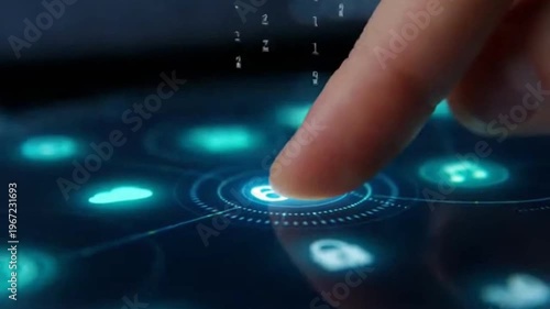 A finger activates a glowing blue button on a futuristic control panel with icons in a dark room