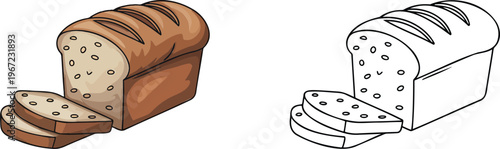 Sliced loaf of bread illustration & outline set isolated on transparent background 