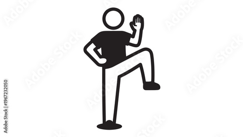 Person performing high knee exercise with arm raised, isolated black icon on white background for fitness and health