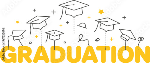 Graduation illustration vector, word graduation with flying caps on white background celebrating class of 2026 graduates with congratulatory academic theme and success concept.