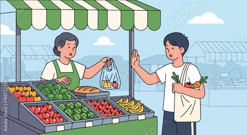 A man politely declines a plastic bag from a vendor at a local fruit market