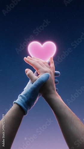 Gloved hands reaching for glowing pink heart under starry night sky