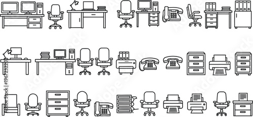 Hand drawn furniture set desks chairs cabinets and appliances in black and white