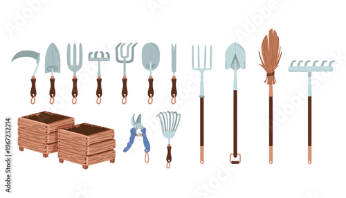 Gardening tools and planters illustration with various equipment and accessories