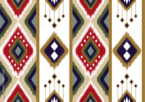 Seamless Multi-colored Geometric Rhombus Ikat Pattern with Vertical Columns and Tribal Motifs