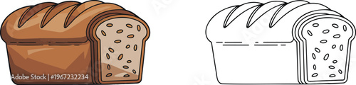 Sliced loaf of bread illustration & outline set isolated on transparent background 