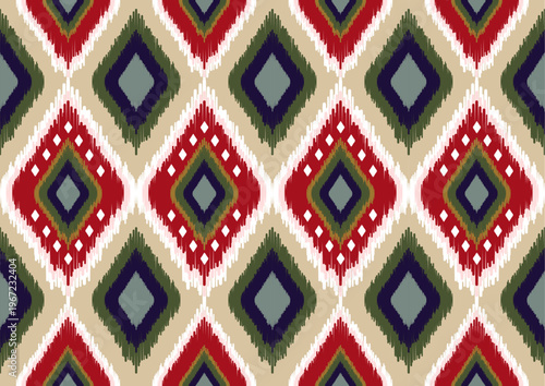 Colorful Seamless Ethnic Ikat Pattern with Geometric Layered Diamond Motifs