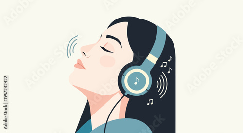 A profile view of a young woman enjoying music through wired blue headphones