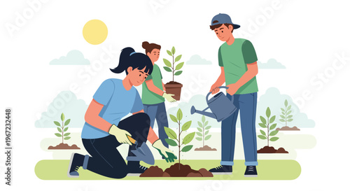 Three volunteers working together to plant and water young trees in a sunny field
