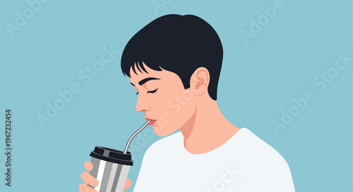 A person with short dark hair drinking from a reusable cup with a metal straw
