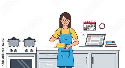 A woman in an apron stirring a bowl while working on a laptop in the kitchen