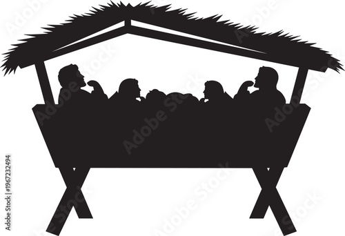 Black silhouette of a traditional Christmas nativity scene with the holy family inside a rustic stable flat vector illustration isolated