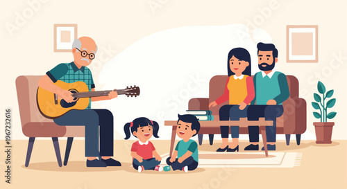 An elderly man plays acoustic guitar for his young grandchildren and their parents