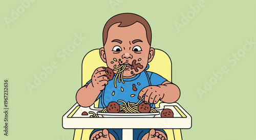 A messy baby sitting in a high chair eating spaghetti and meatballs with hands