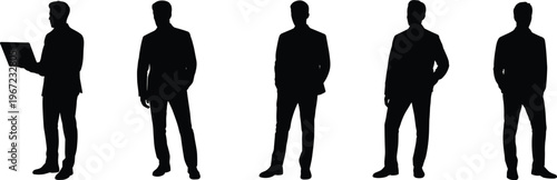 Professional silhouette collection of businessmen in formal suits standing in confident poses including one man using a laptop for corporate and office concepts.