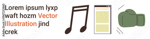 Music, online learning, digital media, fitness, competition, artistic expression. Musical notes, web page layout boxing glove. Music and online learning as visually
