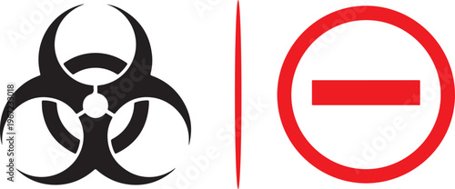 Vector safety set featuring a black biohazard symbol and a red "no entry" or restriction icon. Ideal for hazardous material zones, laboratory security, and site access control themes.