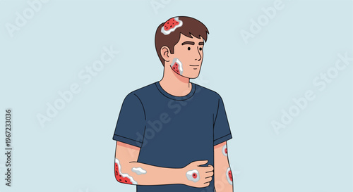 A man in a blue t-shirt displaying skin patches resembling pieces of watermelon