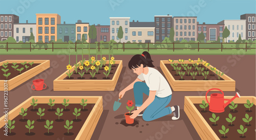 A girl planting a red flower in a raised garden bed with city buildings behind