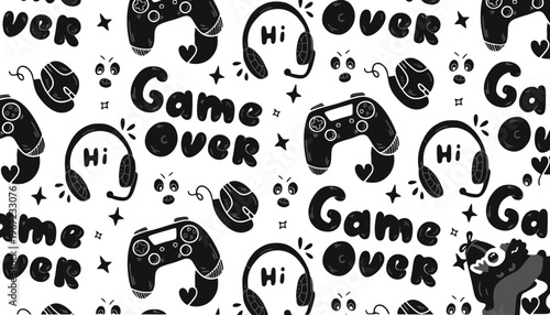 A game over illustration with a controller and headphones on a gray background