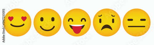 Five yellow emoji bananas displaying various facial expressions