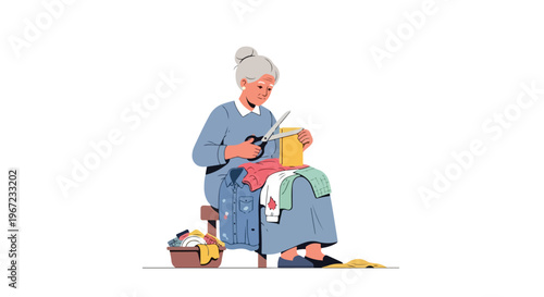 An elderly woman sitting on a stool while focused on cutting fabric with shears