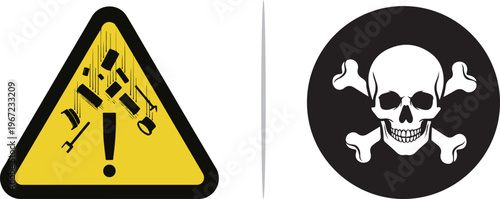 Dual-tone vector icons featuring a yellow triangle warning of falling debris/objects and a black circular skull and crossbones sign. Represents construction hazards and lethal danger alerts.