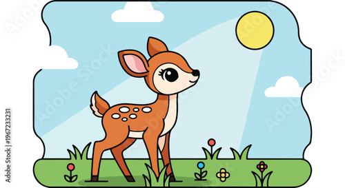 A cute cartoon fawn standing in a grassy meadow under a bright sunny blue sky