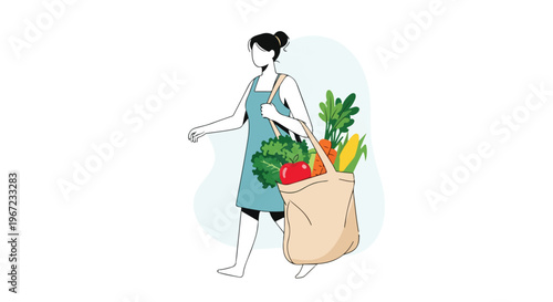 A young woman carrying a tote bag filled with fresh healthy organic vegetables