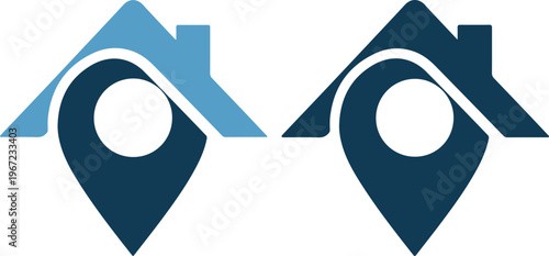 Two blue location pin icons with house roofs