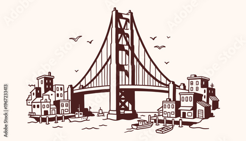 Golden Gate Bridge line art illustration with city harbor