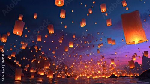 thousands of lanterns flying over water at sunset