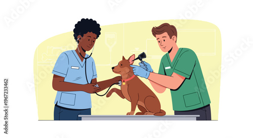 Two veterinarians examine a small brown dog with medical tools in a clinic room