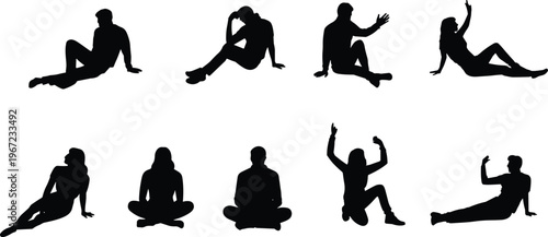 Collection of black silhouettes featuring people in various sitting and reclining poses, including thinking, relaxing, and gesturing, perfect for diverse human lifestyle design projects.