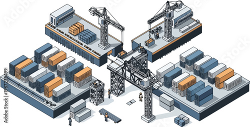 Isometric Logistics Hub Illustration with Shipping Containers, Gantry Cranes, and Industrial Cargo Terminal for Global Supply Chain and Freight Concepts