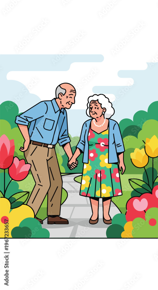 Fototapeta premium An elderly couple holding hands while walking on a path in a colorful garden
