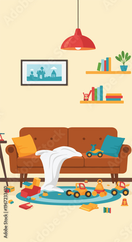 A cozy living room interior with a messy brown sofa covered in scattered toys