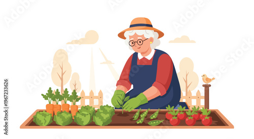 An elderly woman wearing a hat and gloves tends to a garden bed full of plants