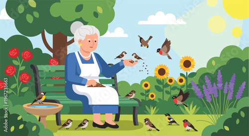 An elderly woman sits on a garden bench and feeds birds in a sunny meadow area
